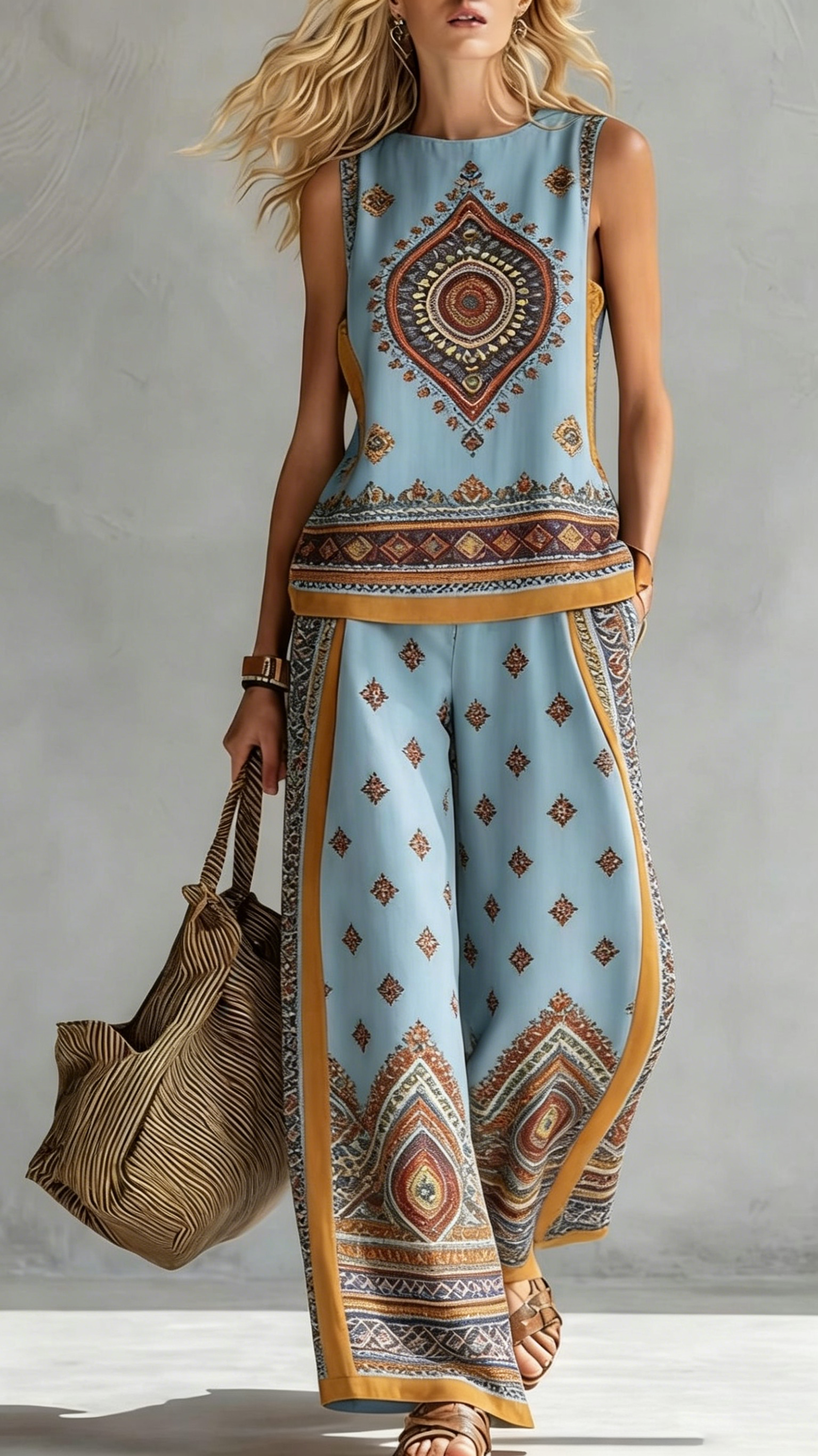 Women's Bohemian Ethnic Style Color-Blocked Trim Wide-Leg Pants Two-Piece Set - Nordfashionstorm - Women's Clothing, Fashion for You - Nordfashionstorm.com