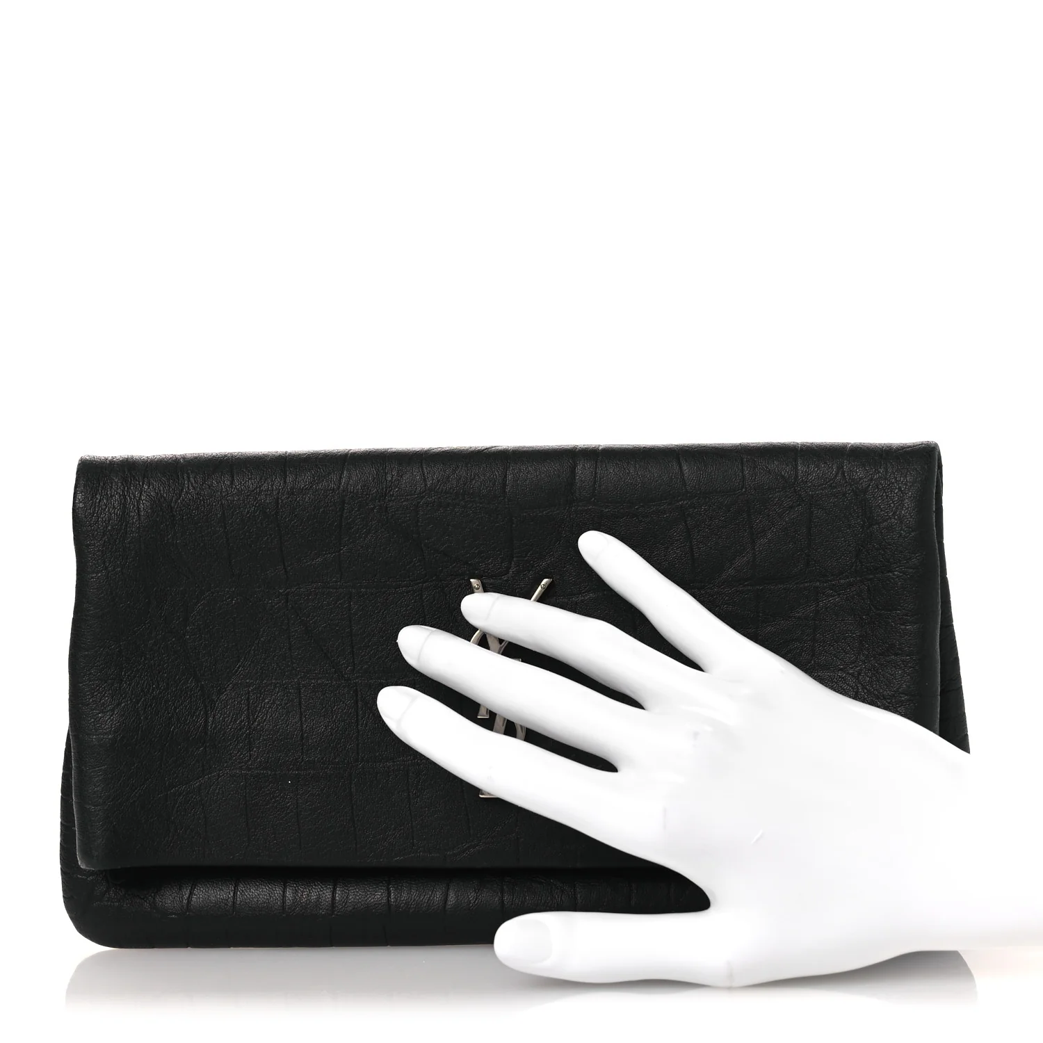 Calfskin Crocodile Embossed West Hollywood Monogram Fold Over Clutch Black