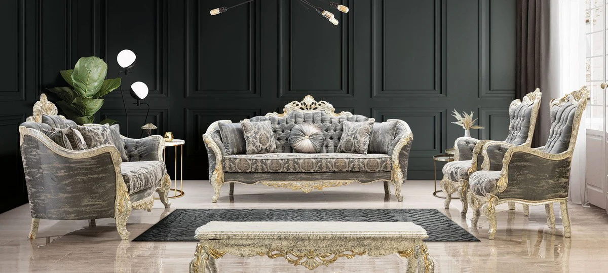Luxury Baroque Living Room Set Gray / Antique White / Gold - 2 Baroque Sofas & 2 Baroque Armchairs & 1 Baroque Coffee Table - Luxury Living Room Furniture in Baroque Style - Baroque Furniture - Noble & Magnificent