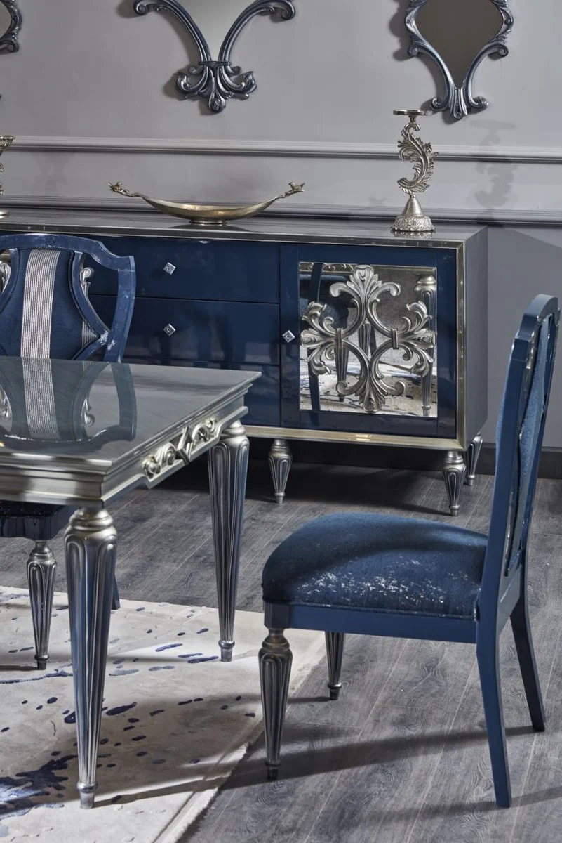 Luxury Baroque Dining Room Chair Set Blue / Silver 54 x 53 x H. 109 cm - Elegant Kitchen Chairs Set of 6 - Baroque Dining Room Furniture