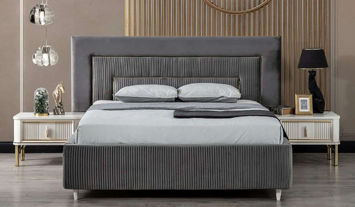 Luxury Bedroom Set Gray / White / Gold - 1 double bed with headboard & 2 bedside tables - Bedroom Furniture - Luxury Collection