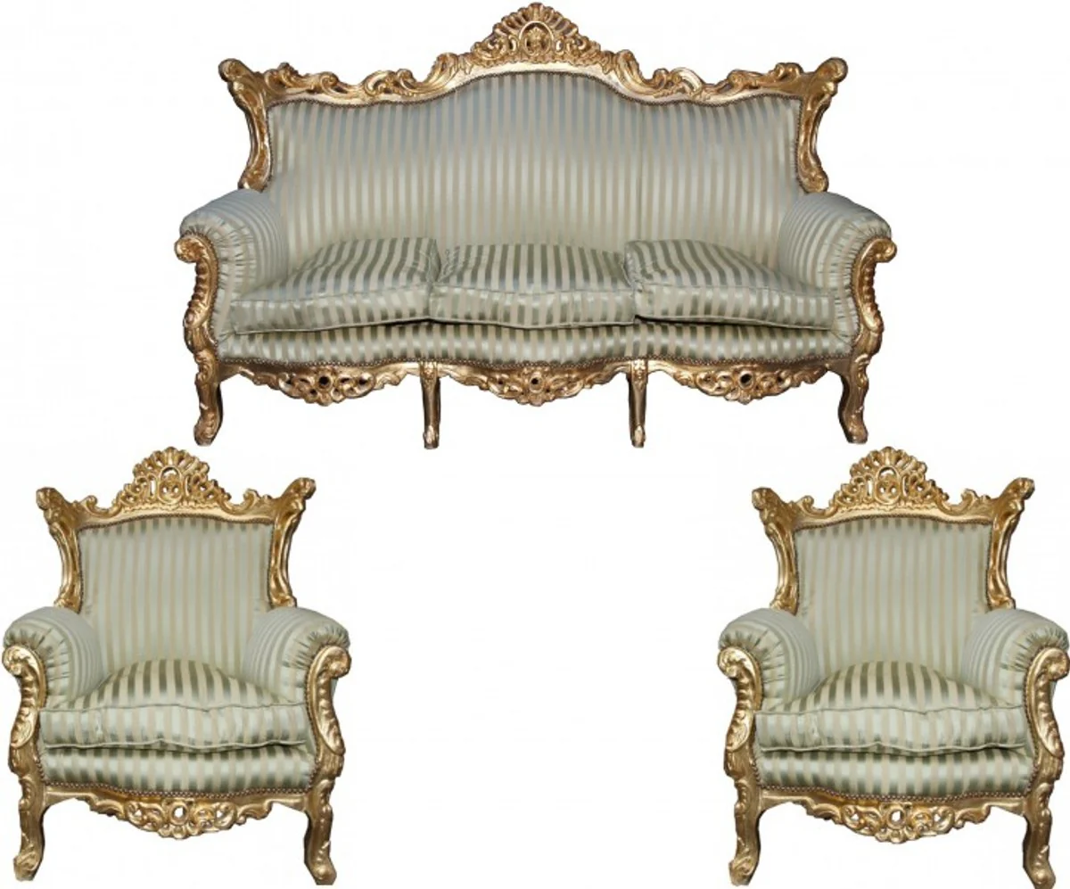 Baroque living room set Master jade green / beige / gold Mod2 - 3-seater sofa + 2 armchairs