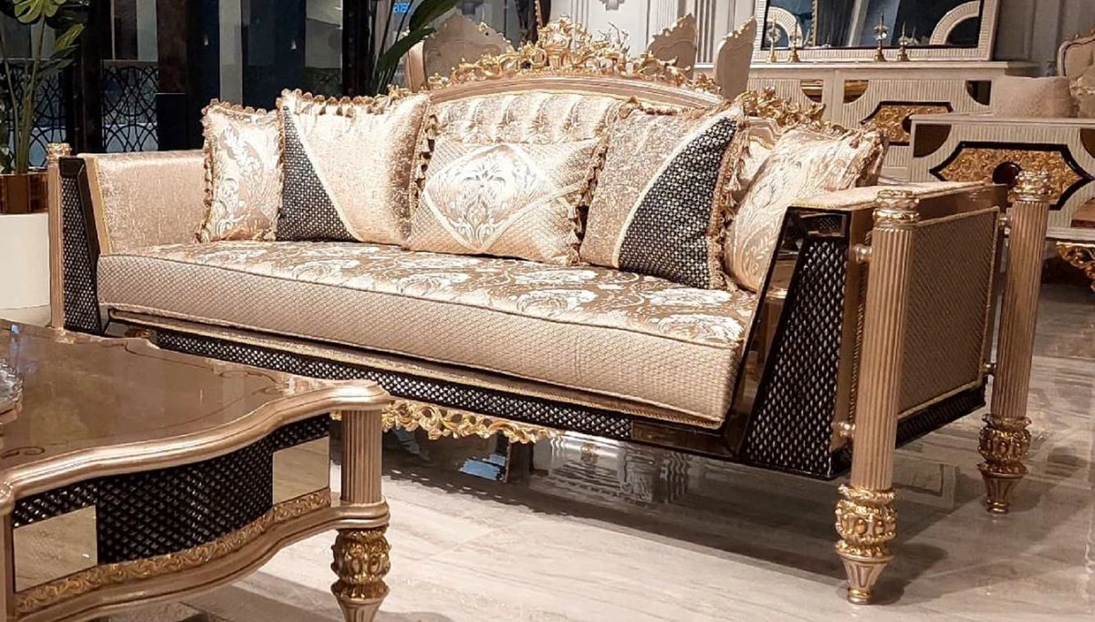 Baroque side table with marble top gold / black Ø 40 x H. 69 cm - Round hand-carved antique style telephone table flower table