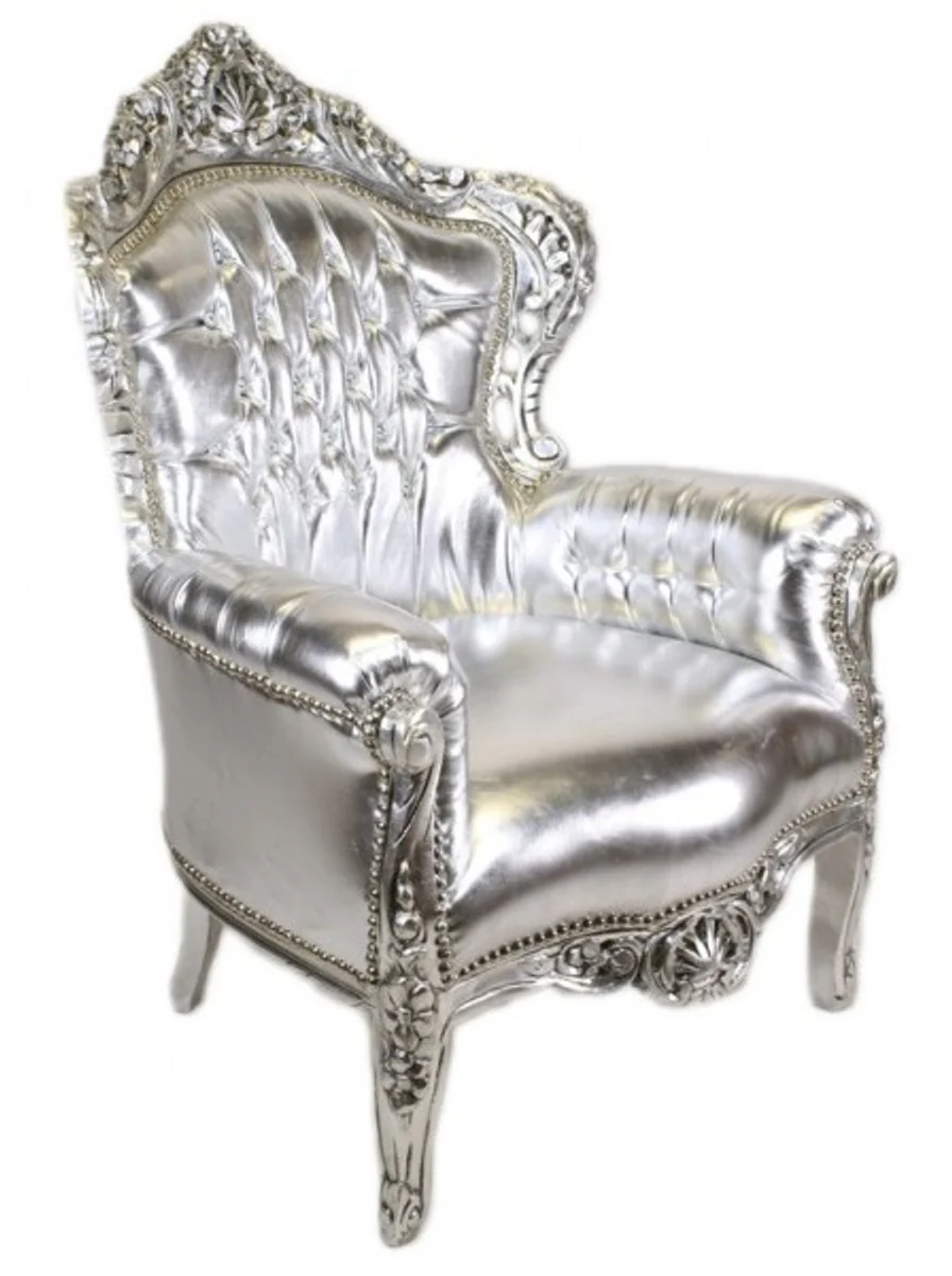 Baroque armchair King silver / silver leather look with bling bling glitter stones