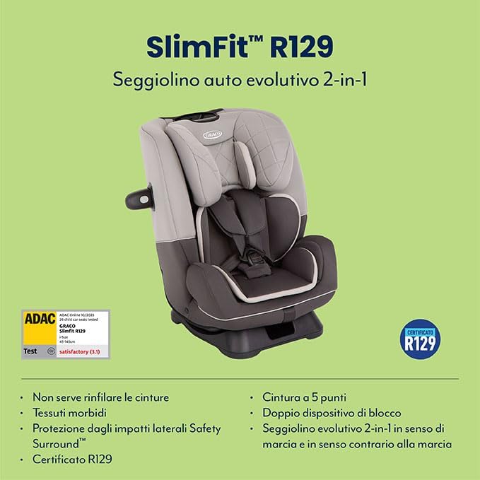 GRACO - SlimFit R129 Seggiolino auto evolutivo, da 40 a 145 cm (dalla nascita fino ai 12 anni circa), colore Iron
