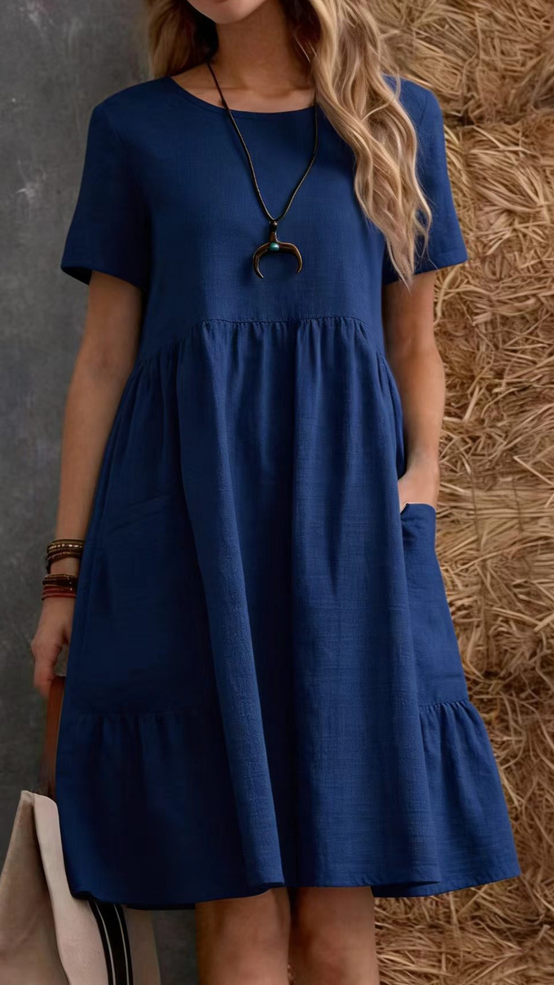 Women's Cotton-Linen Round Neck Ruffle Hem Dress - Nordfashionstorm - Women's Clothing, Fashion for You - Nordfashionstorm.com