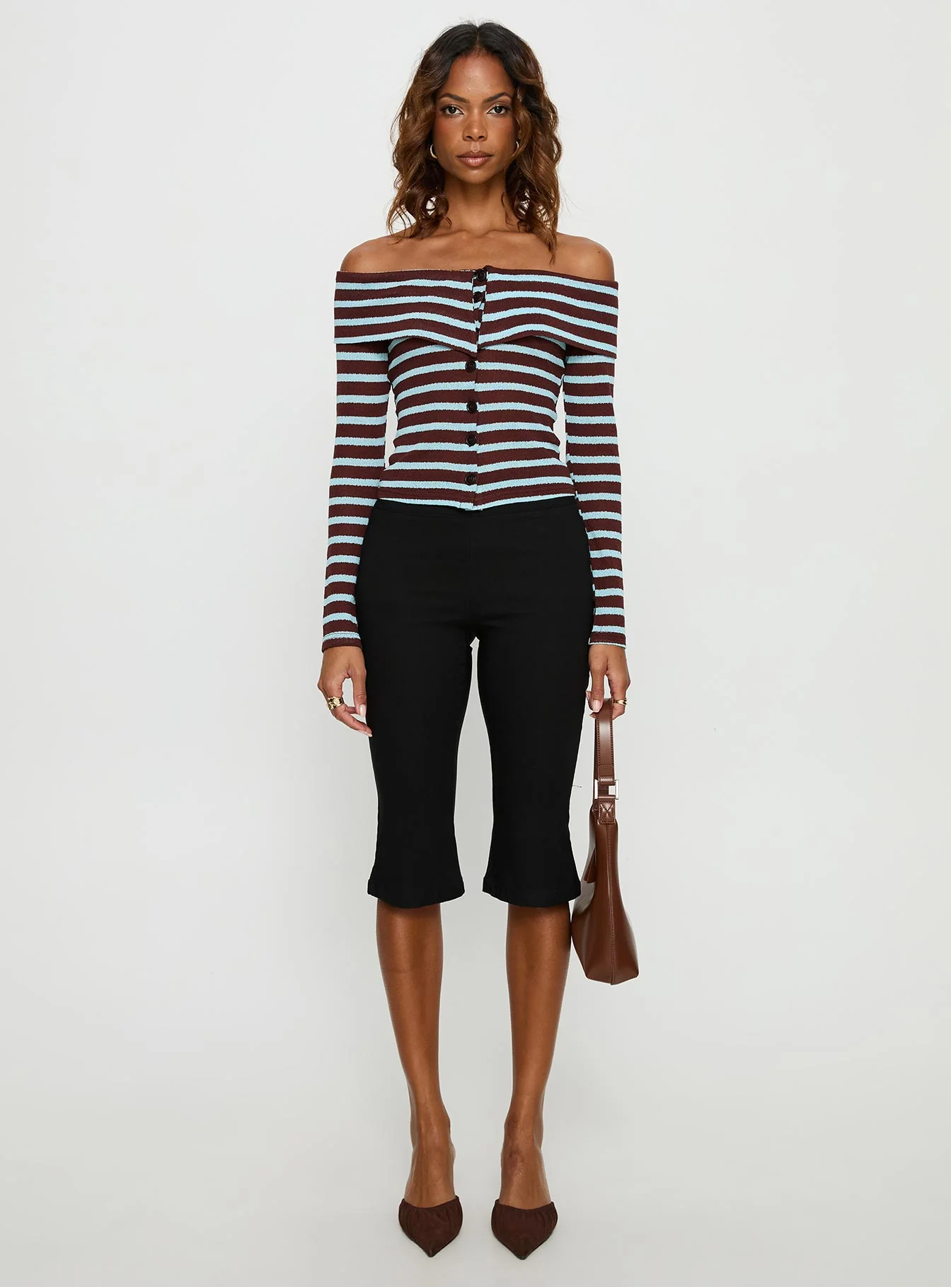 Raelena Off Shoulder Long Sleeve Top Blue / Brown Stripe