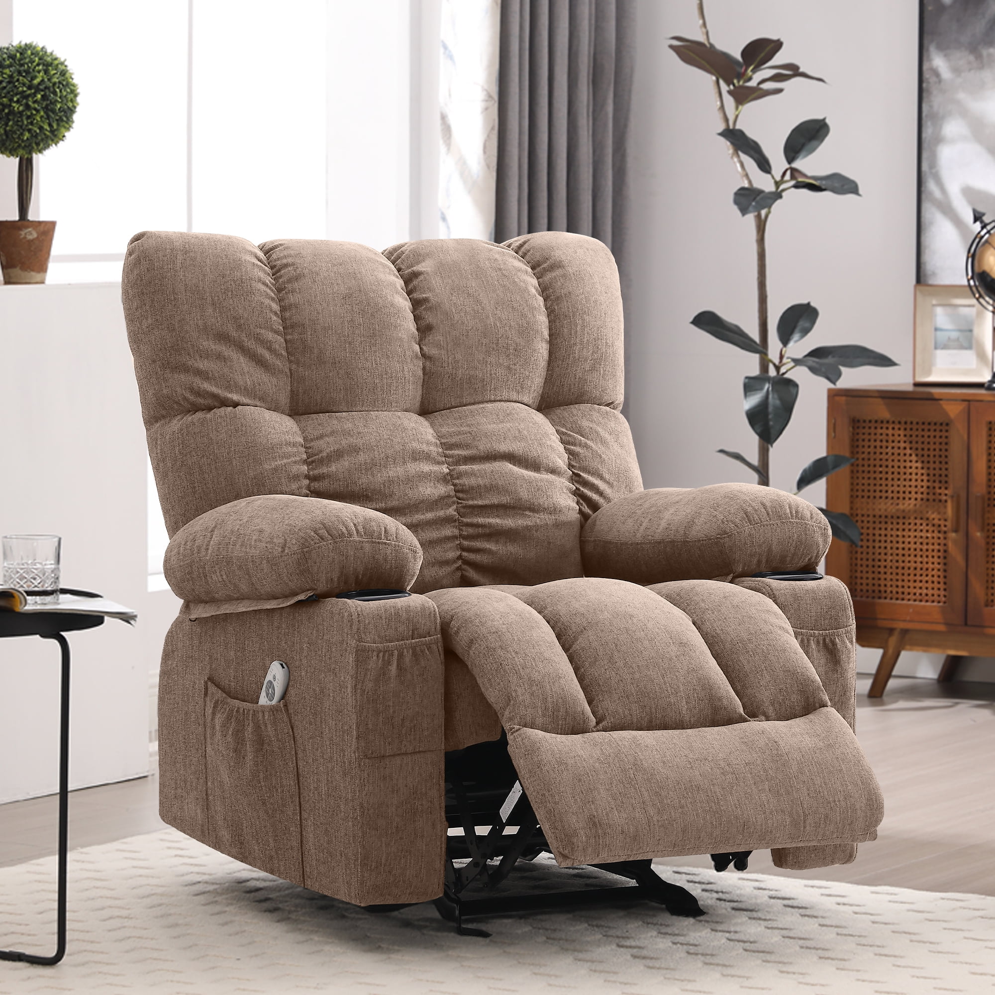 JONPONY Manual Recliner Chair with Heat Therapy and Massage Function, Heavy Duty Reclining Mechanism Massage Chair, Elderly Single Rocker Sofa with Cup Holders for Bedroom Home Theater, Grey