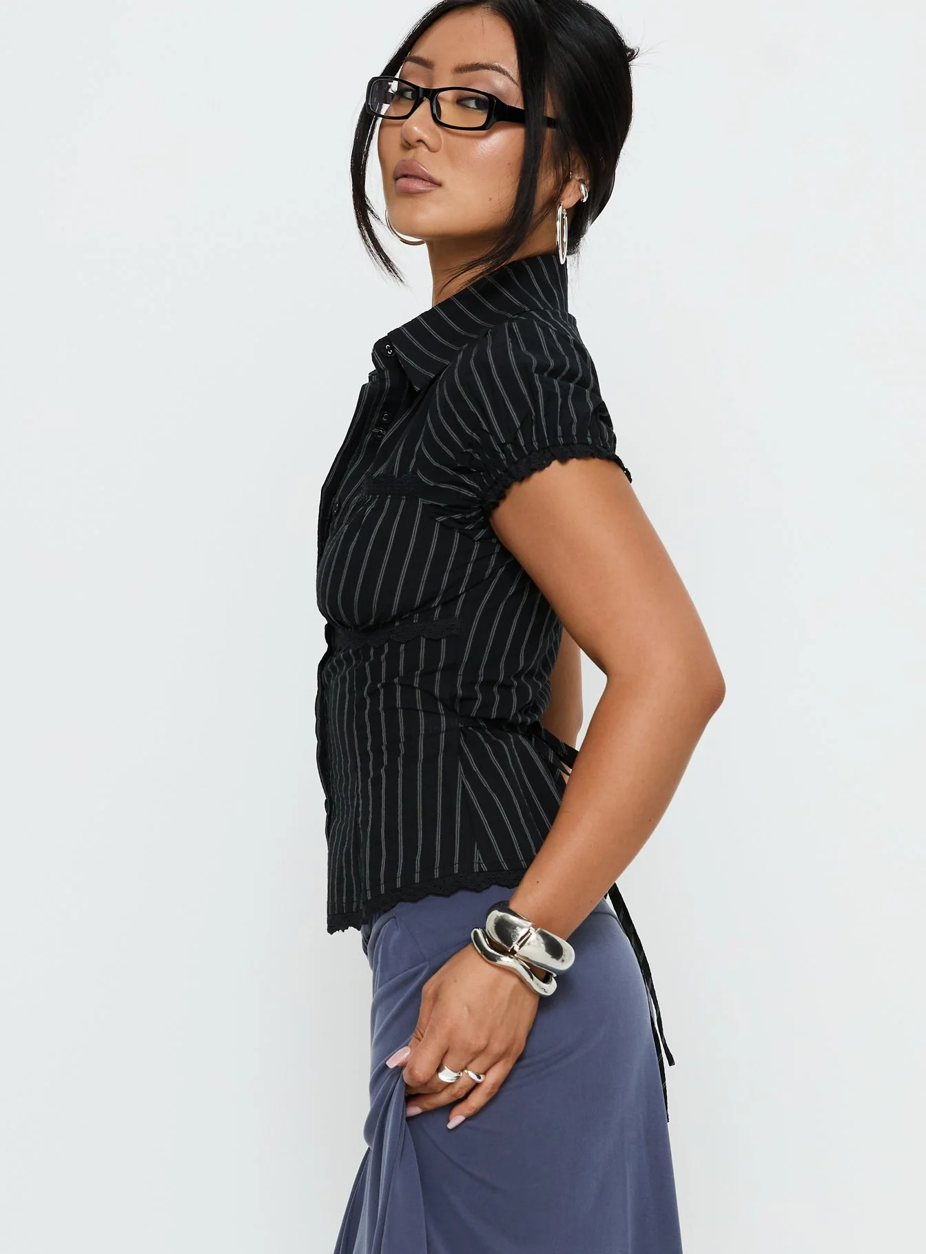 Deserve You Puff Sleeve Button Front Top Black Stripe