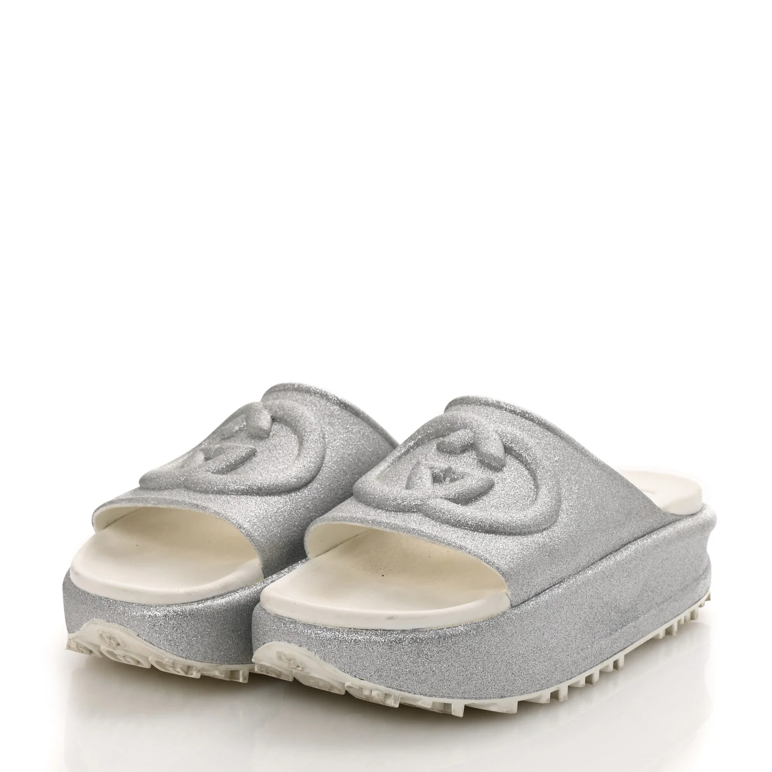 Glitter Rubber Womens Interlocking G Platform 42mm Slide Sandals 40 Silver - Top Club