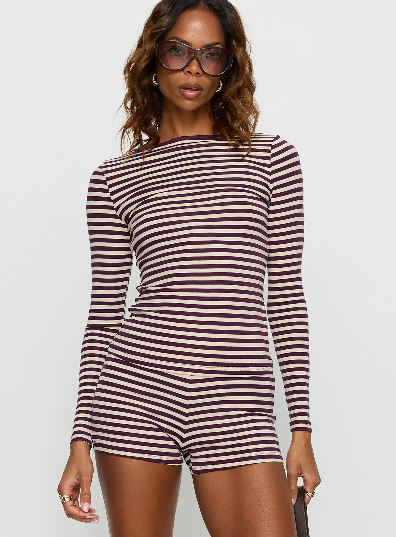 Caprise Wide Neck Long Sleeve Top Purple Stripe