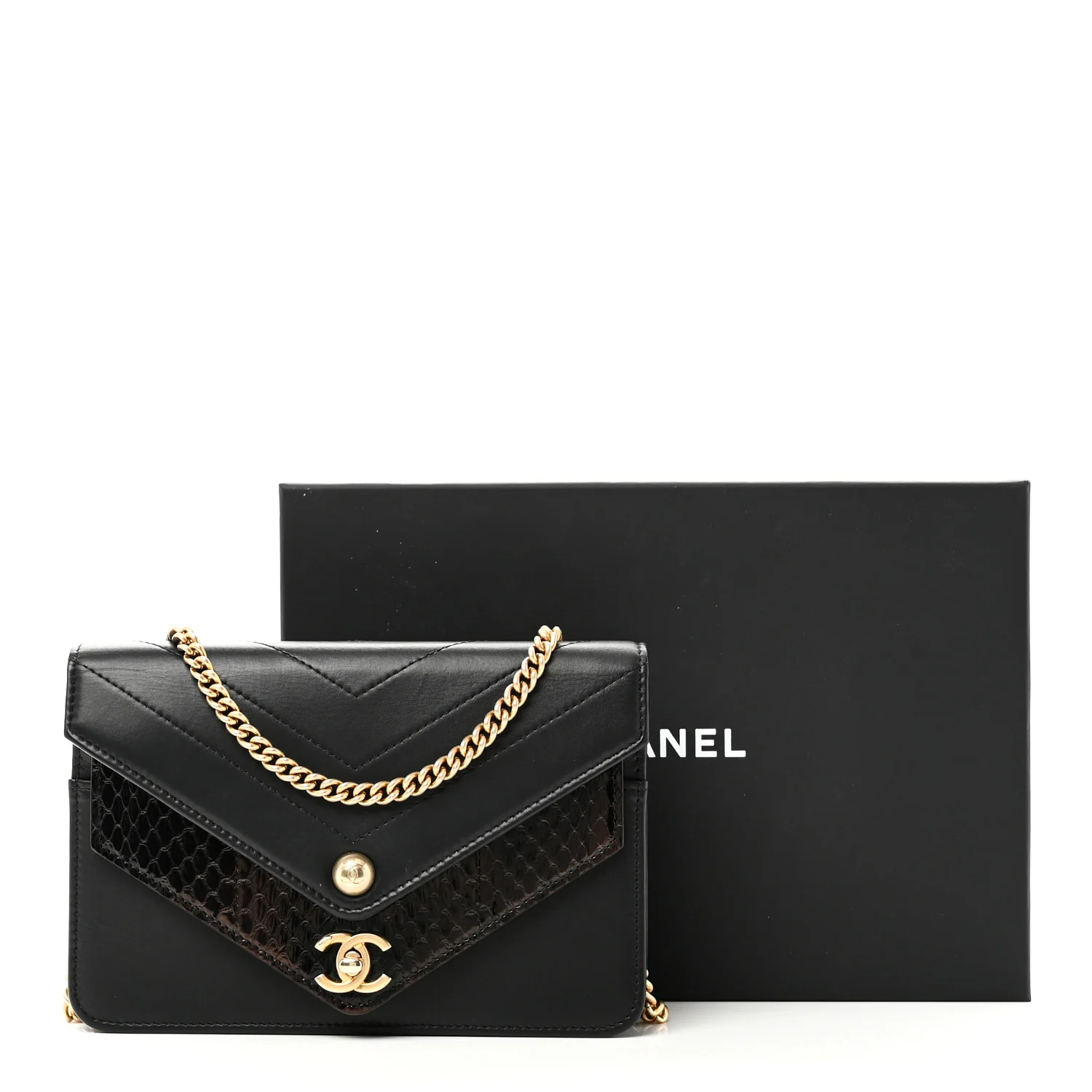 Calfskin Elaphe Double Chevron Mini Wallet On Chain WOC Black - Top Club