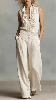Women's Simple Linen-Blend Sleeveless Shirt and Wide-Leg Pants Set - Nordfashionstorm - Women's Clothing, Fashion for You - Nordfashionstorm.com