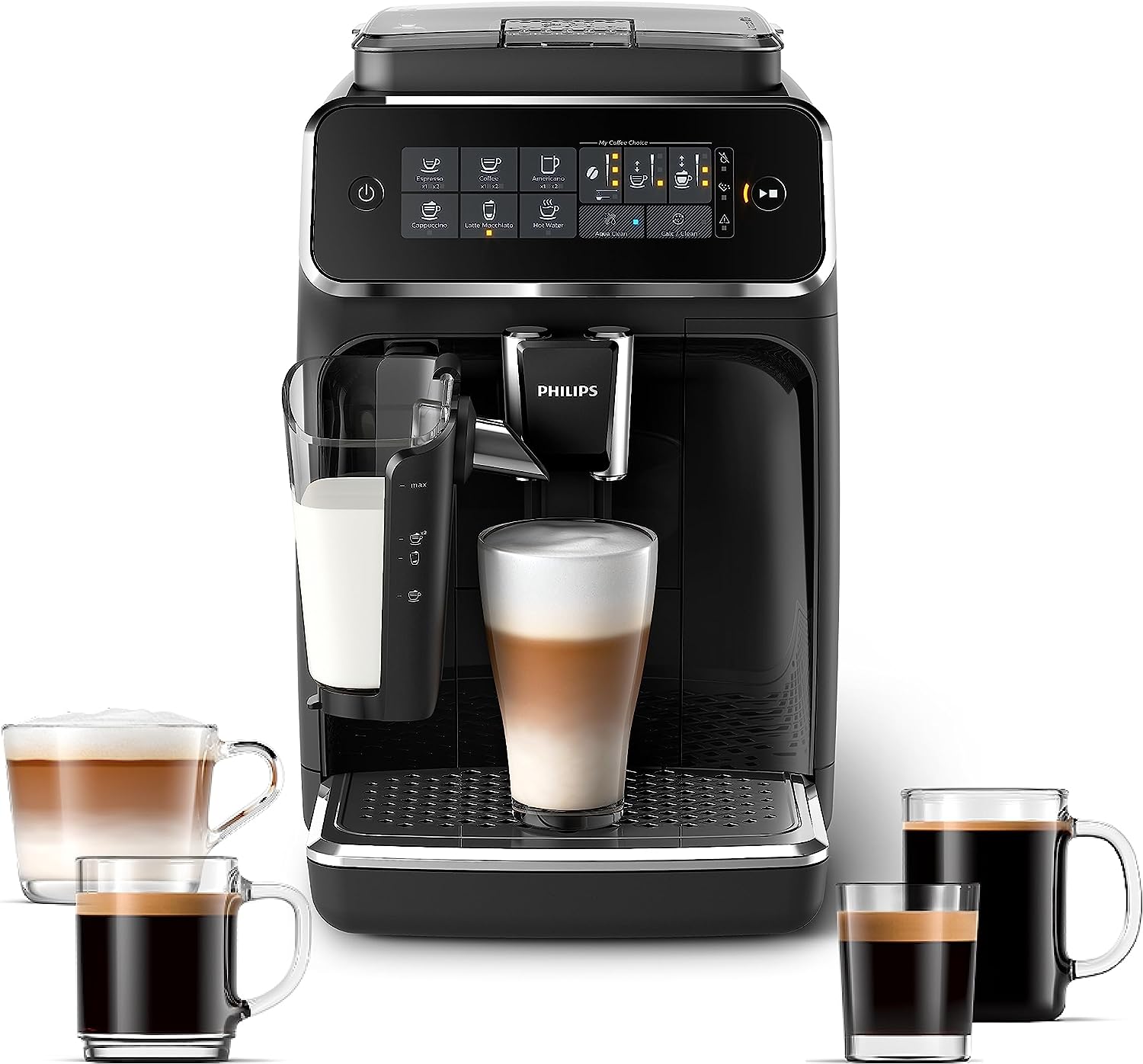 PHILIPS 3200 Series Fully Automatic Espresso Machine - LatteGo Milk Frother, 5 Types of Coffee, Intuitive Touch Display, Black, (EP3241/54)