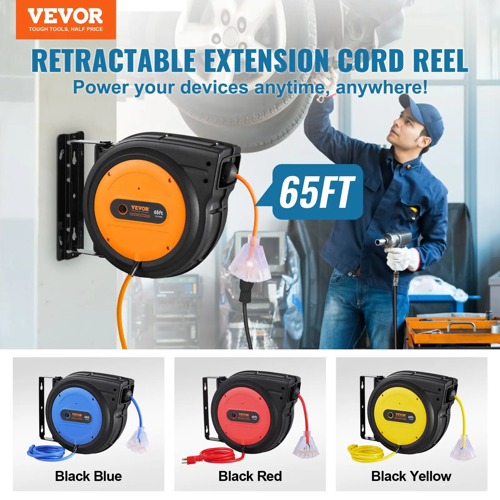 【Summerfinds】VEVOR Upgraded Retractable Extension Cord Reel Heavy Duty Power Cord with Lighted Triple Tap Outlet 15 Amp Circuit Breaker 180° Swivel Bracket for Ceiling or Wall Tested to UL Standards Cable Safety Convenience