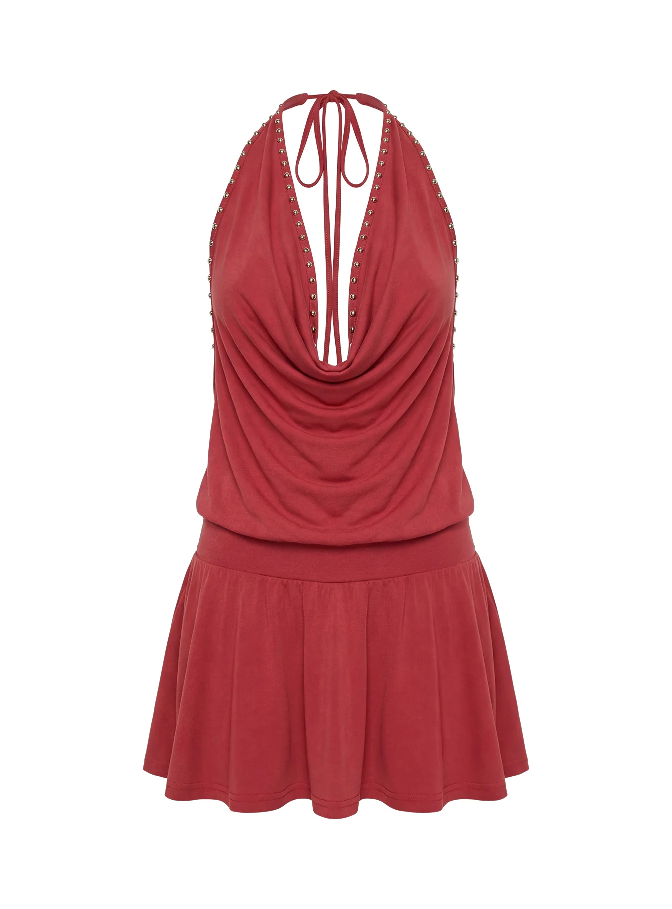 Khoda Studded Halter Mini Dress Burgundy