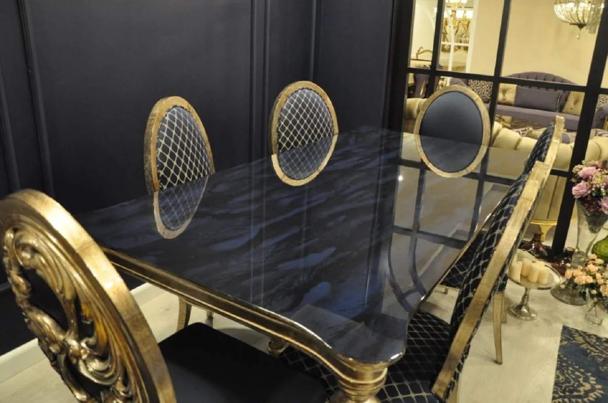 Luxury Baroque Dining Room Set Blue / Antique Gold - 1 Dining Room Table & 6 Dining Chairs - Baroque Dining Room Furniture - Noble & Magnificent
