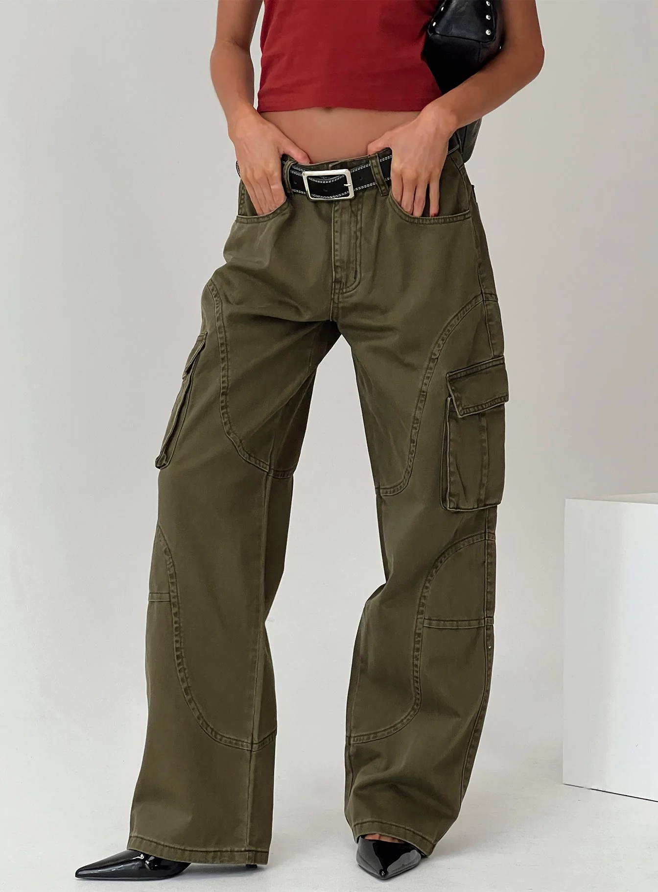 Ahstin Mid Rise Straight Leg Cargo Jeans Green