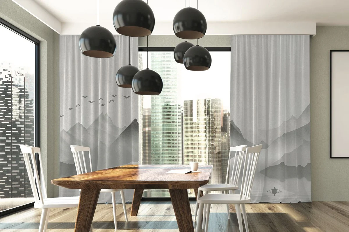 Luxury curtain set mountains with lake gray 250 x H. 290 cm - Printed linen & velvet curtains - Eyelet curtains - Sliding curtains - Elegant living room bedroom curtains