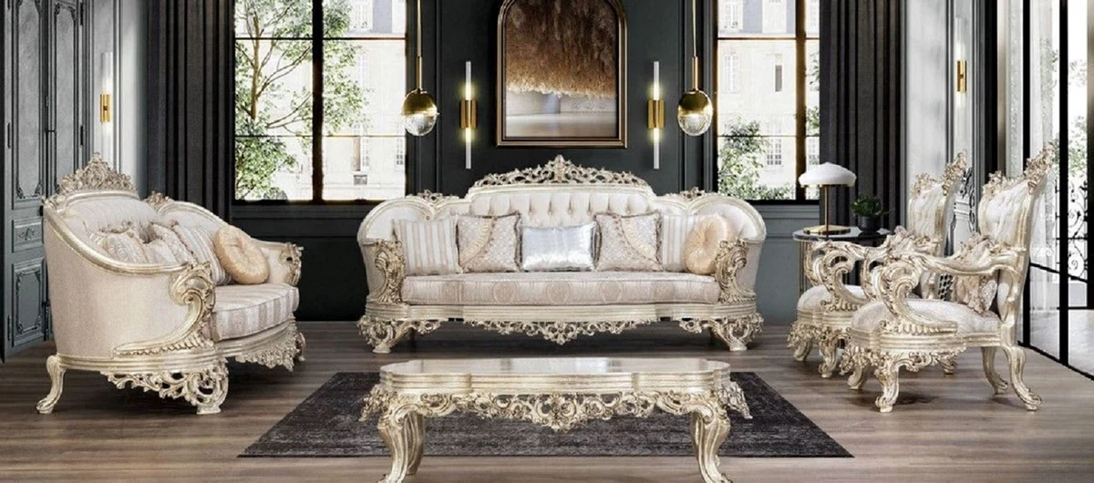 Luxury Baroque Living Room Set Cream / Beige / Antique Gold - 2 Sofas & 2 Armchairs & 1 Coffee Table - Handcrafted Living Room Furniture in Baroque Style - Noble & Magnificent
