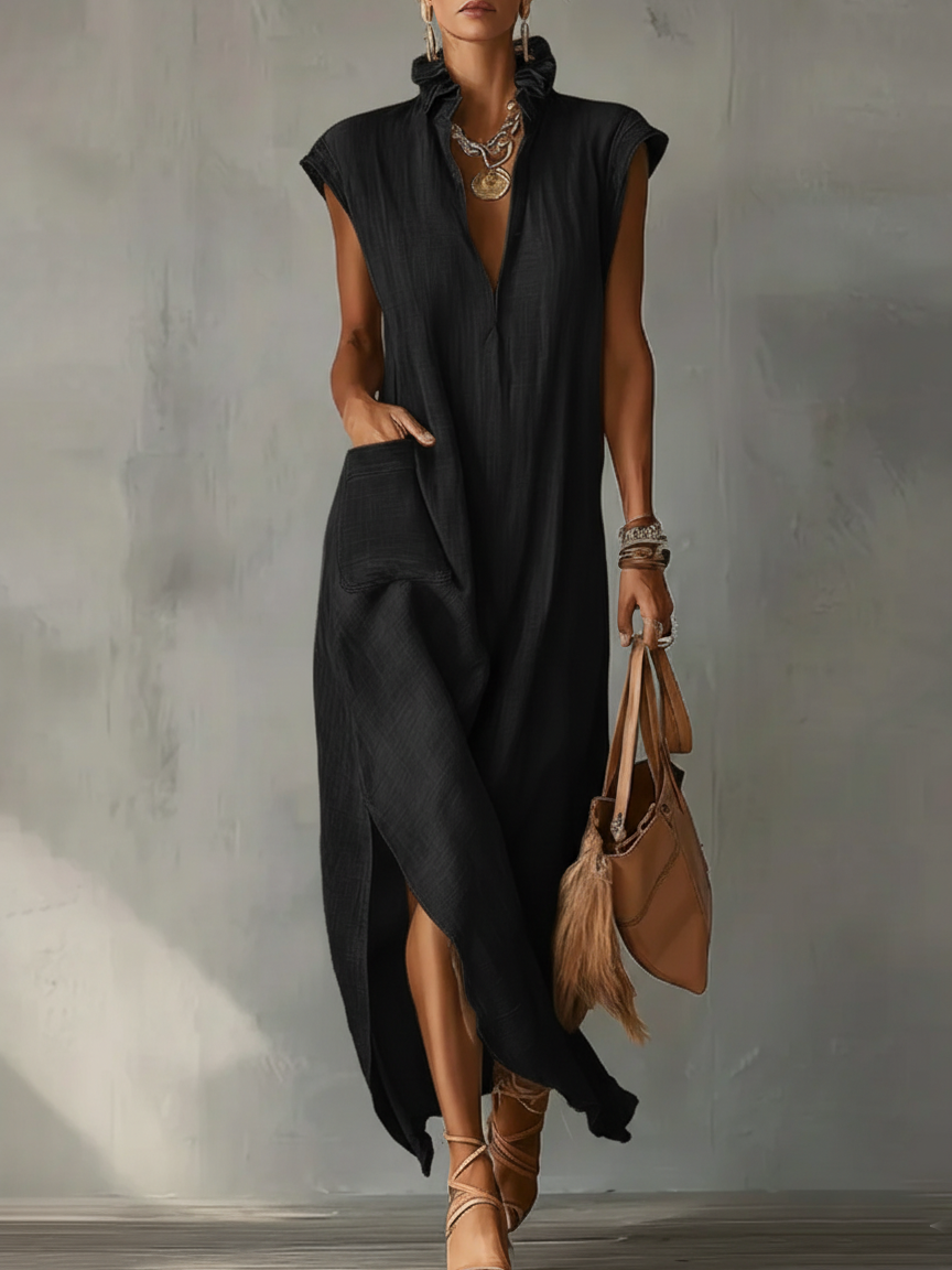 Women’s Ruffle Collar Cotton Linen Midi Dress – Elegant Summer Dress - Nordfashionstorm - Women's Clothing, Fashion for You - Nordfashionstorm.com