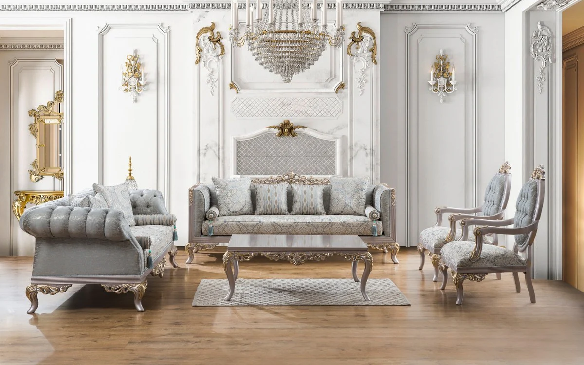 Luxury baroque living room set turquoise / silver / gold - 2 sofas & 2 armchairs & 1 coffee table - living room furniture in baroque style - noble & magnificent