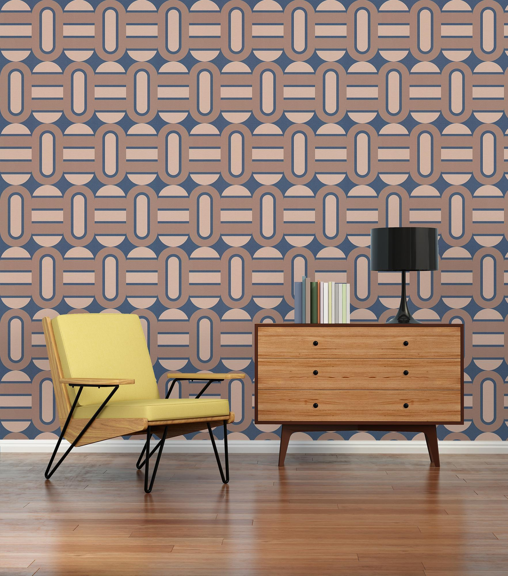 Behang retro versierd met ovalen en balken - blauw, bruin, beige Retro-stijl behang versierd met ovalen en balken - blauw, bruin, beige #1