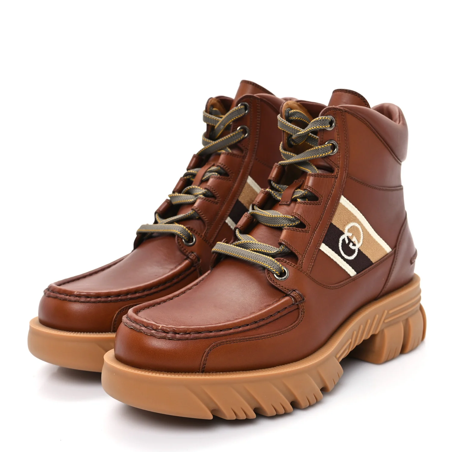 Quebec Calfskin Web Mens Interlocking G Lace Up Combat Up Combat Boots 8 Cuir Mystic White Ebony Beige - Top Club