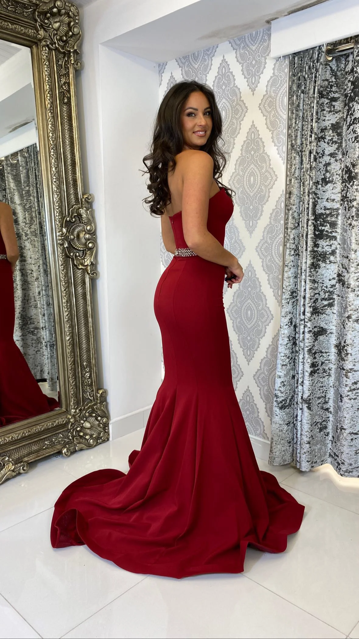 Burgundy Strapless Fishtail Full Length Gown