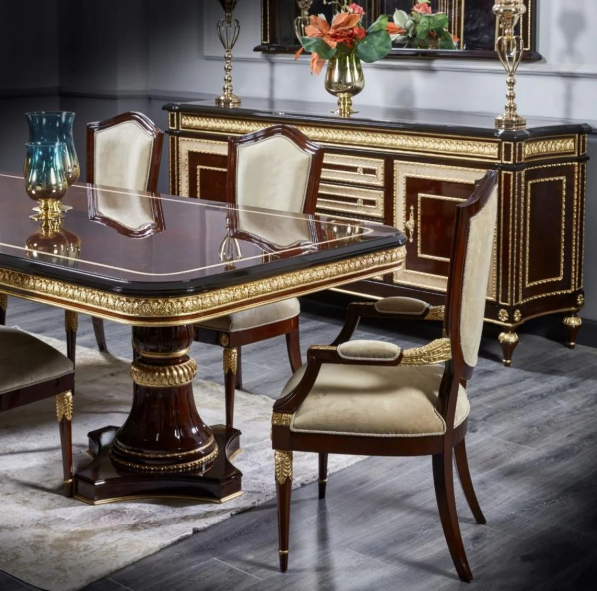 Luxury Baroque Dining Room Set Dark Brown / Gold - 1 Baroque Dining Table & 8 Baroque Dining Chairs - Luxury Dining Room Furniture in Baroque Style - Baroque Furniture - Noble & Magnificent