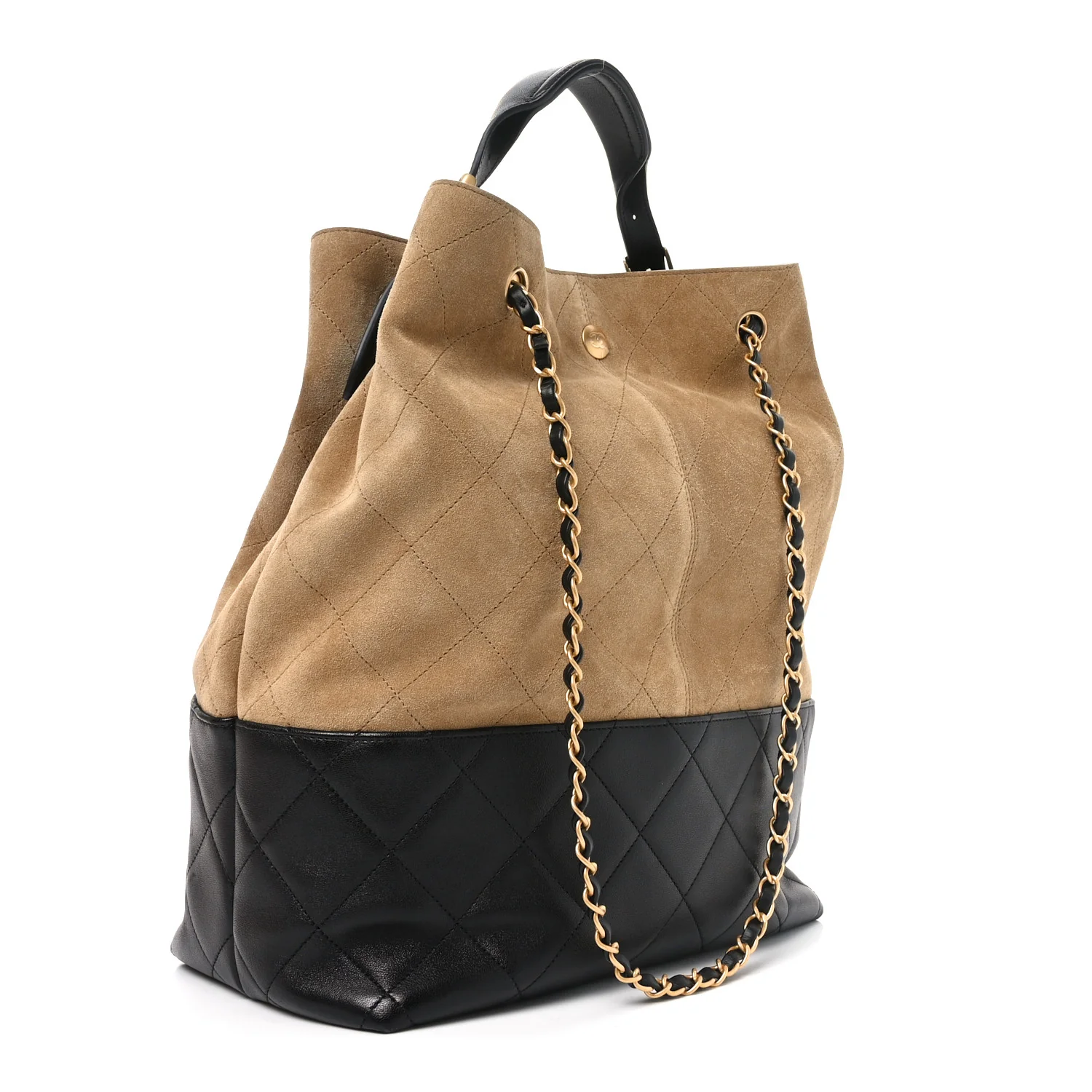 Suede Shiny Lambskin Quilted Large Shopping Bag Beige Black - Top Club