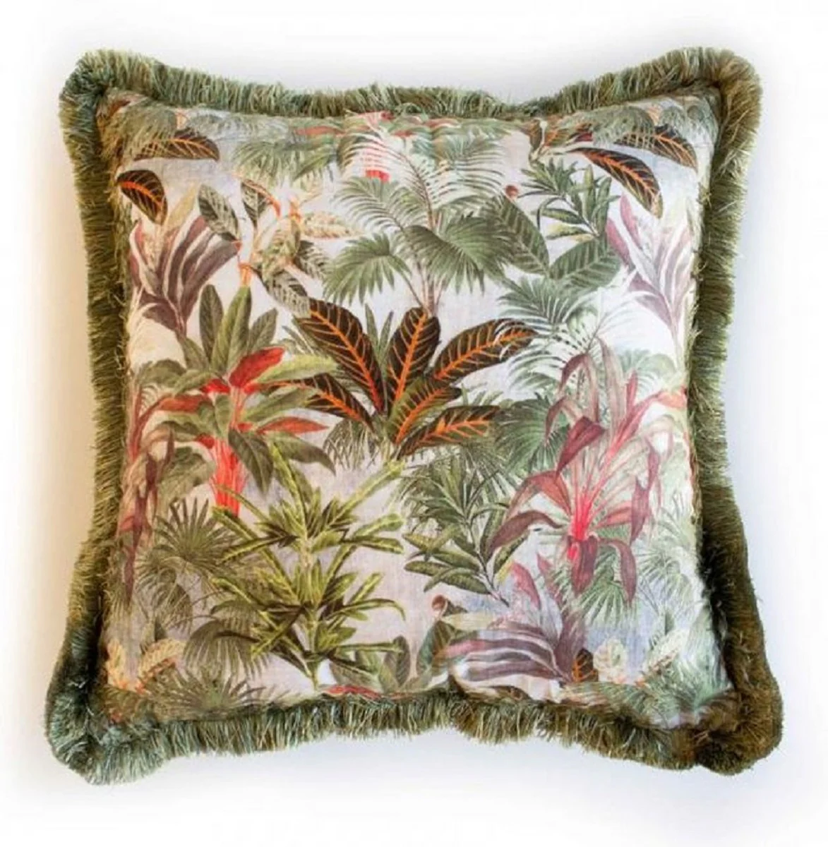 Luxury decorative cushion jungle design multicolored / green 45 x 45 cm - printed velvet cushion with fringes - decorative accessories