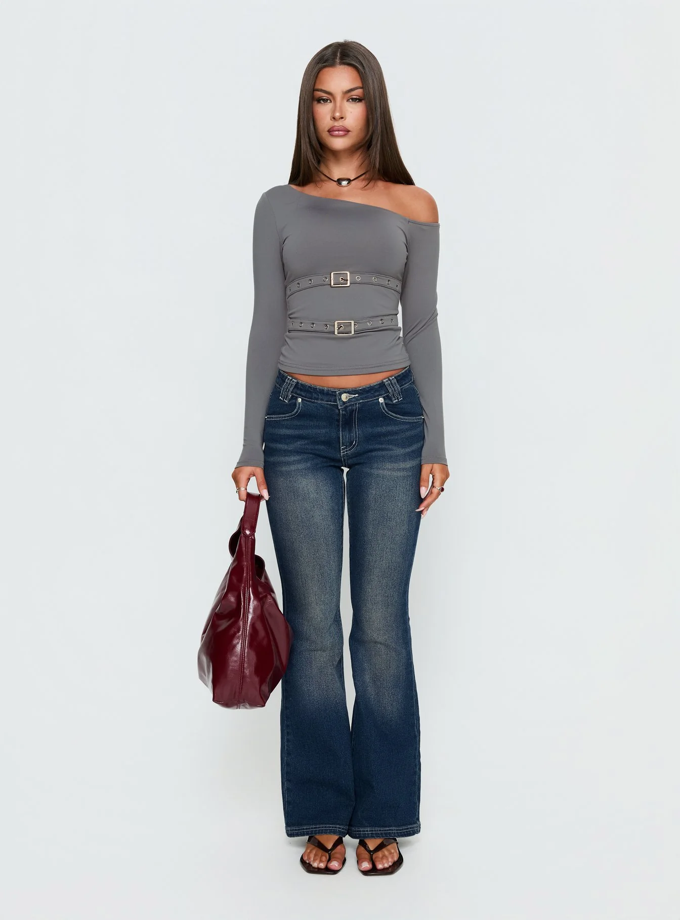 Luisana Buckle Detail One Shoulder Top Dark Grey