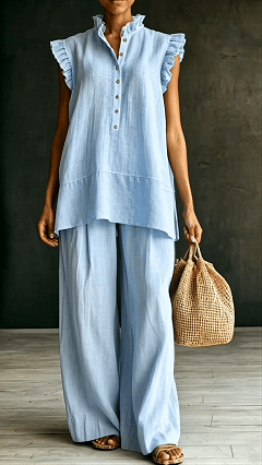 Women's Ruffled Sleeveless Shirt and Loose-Fit Trousers Two-Piece Set - Nordfashionstorm - Women's Clothing, Fashion for You - Nordfashionstorm.com