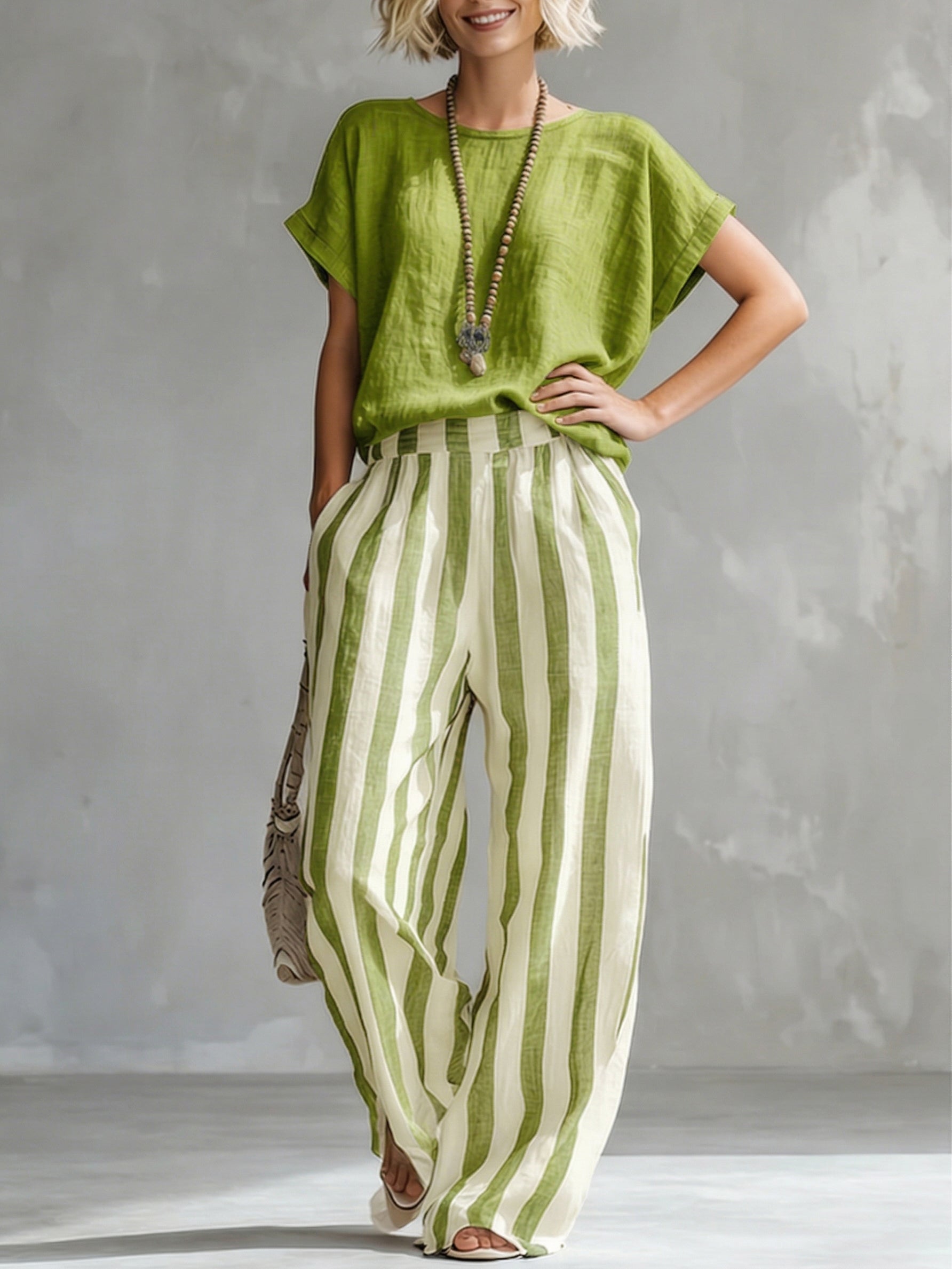 Cozy Loose-fit Striped Cotton-linen Two-piece Set - Nordfashionstorm - Women's Clothing, Fashion for You - Nordfashionstorm.com