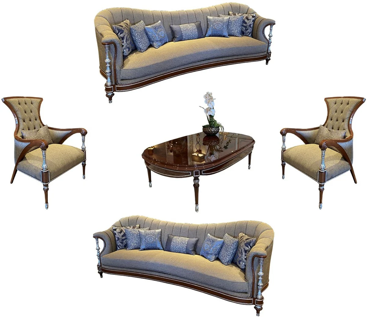 Luxury Baroque Living Room Set Gray / Brown / Silver - 2 Sofas & 2 Armchairs & 1 Coffee Table - Handmade Baroque Living Room Furniture - Noble & Magnificent