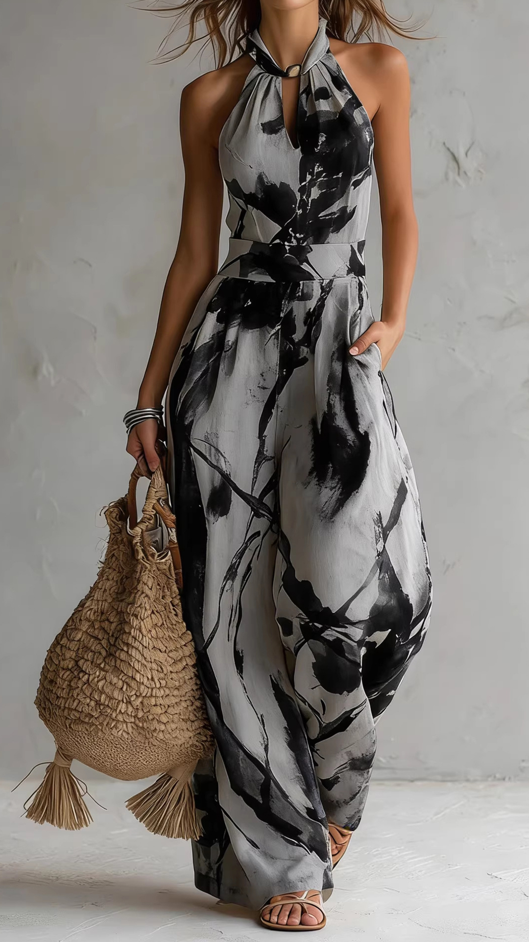 Women's Ink Print Halter Neck Wide-Leg Jumpsuit - Nordfashionstorm - Women's Clothing, Fashion for You - Nordfashionstorm.com
