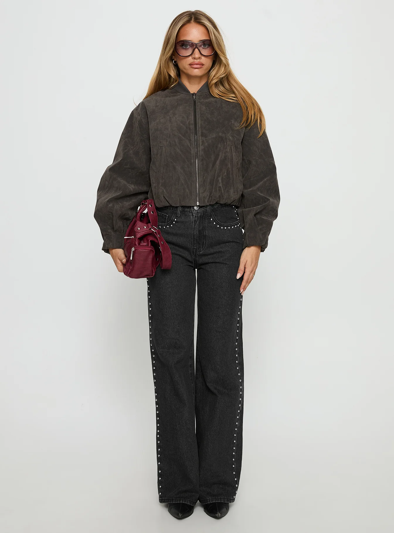 Saving Up Mid Rise Straight Leg Studded Jeans Jet Black