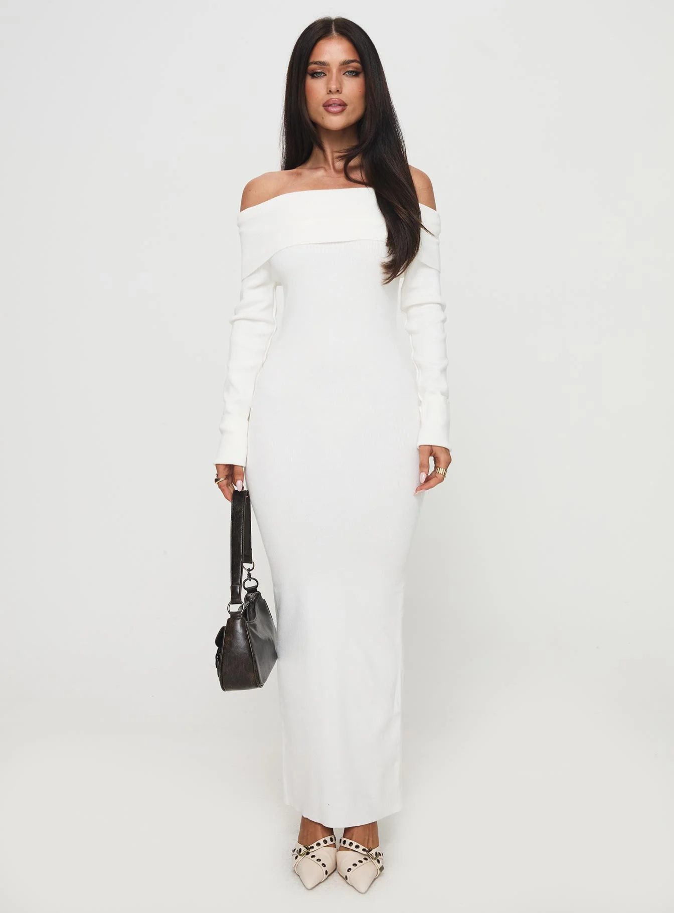 Celestara Long Sleeve Off Shoulder Maxi Dress White