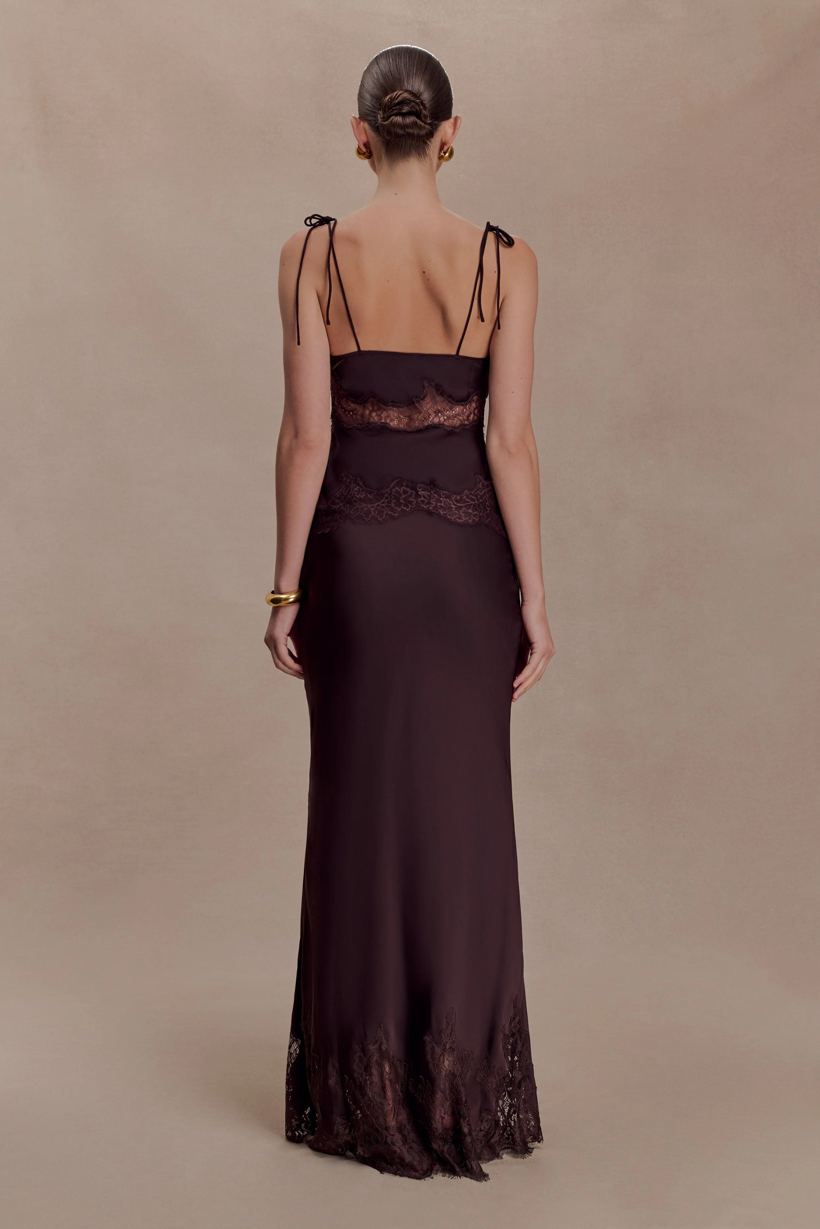 Nina Satin And Lace Maxi Skirt - Chocolate