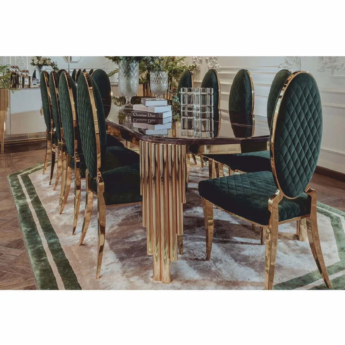Luxury dining table with artificial marble table top black / gold 240 cm - dining room furniture