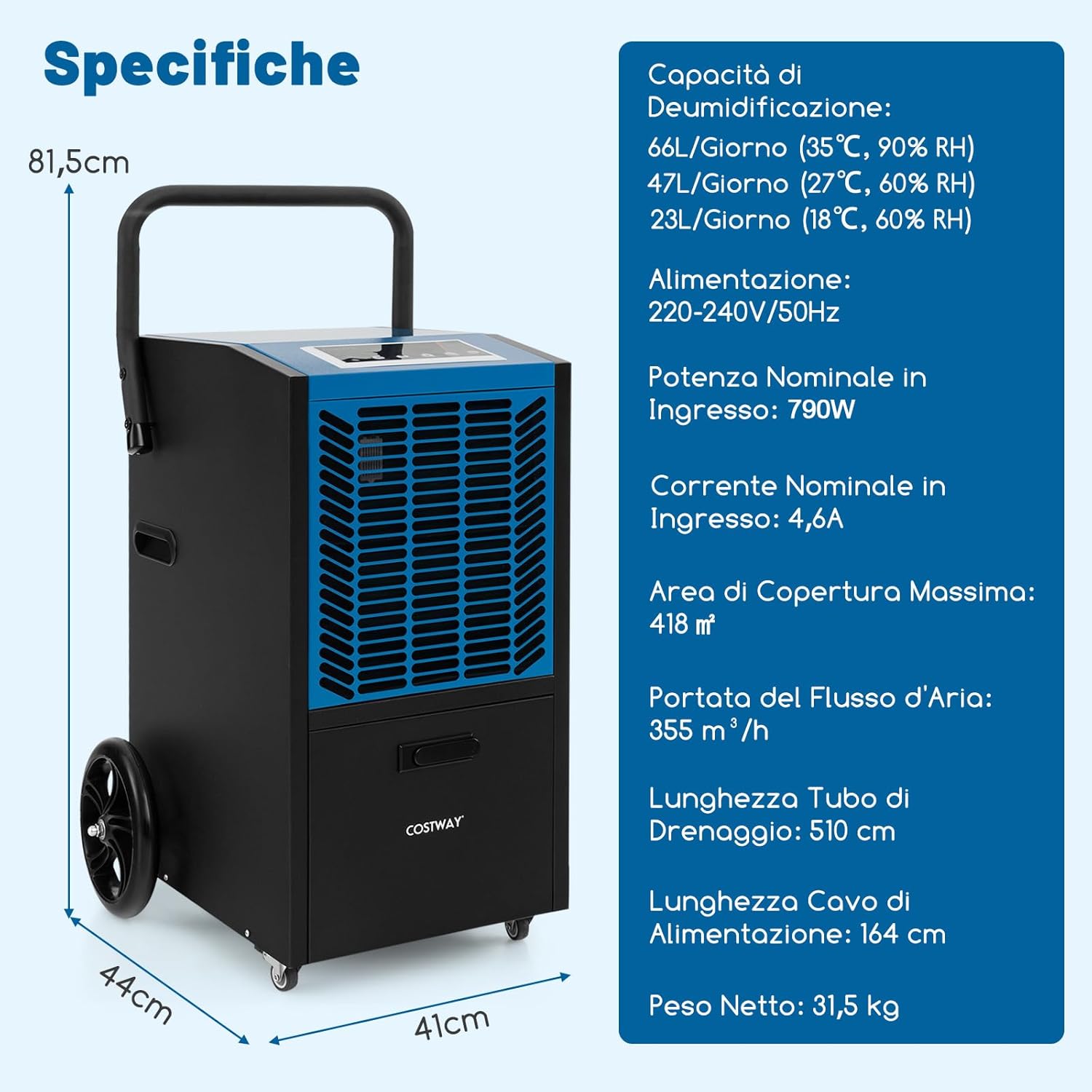 GYMAX Deumidificatore Commerciale da 66L per Casa 418m², Deumidificatore Industriale con Timer 24H, Pompa, Tubo, Portatile con 4 Ruote per Cantina, Magazzino (Blu)