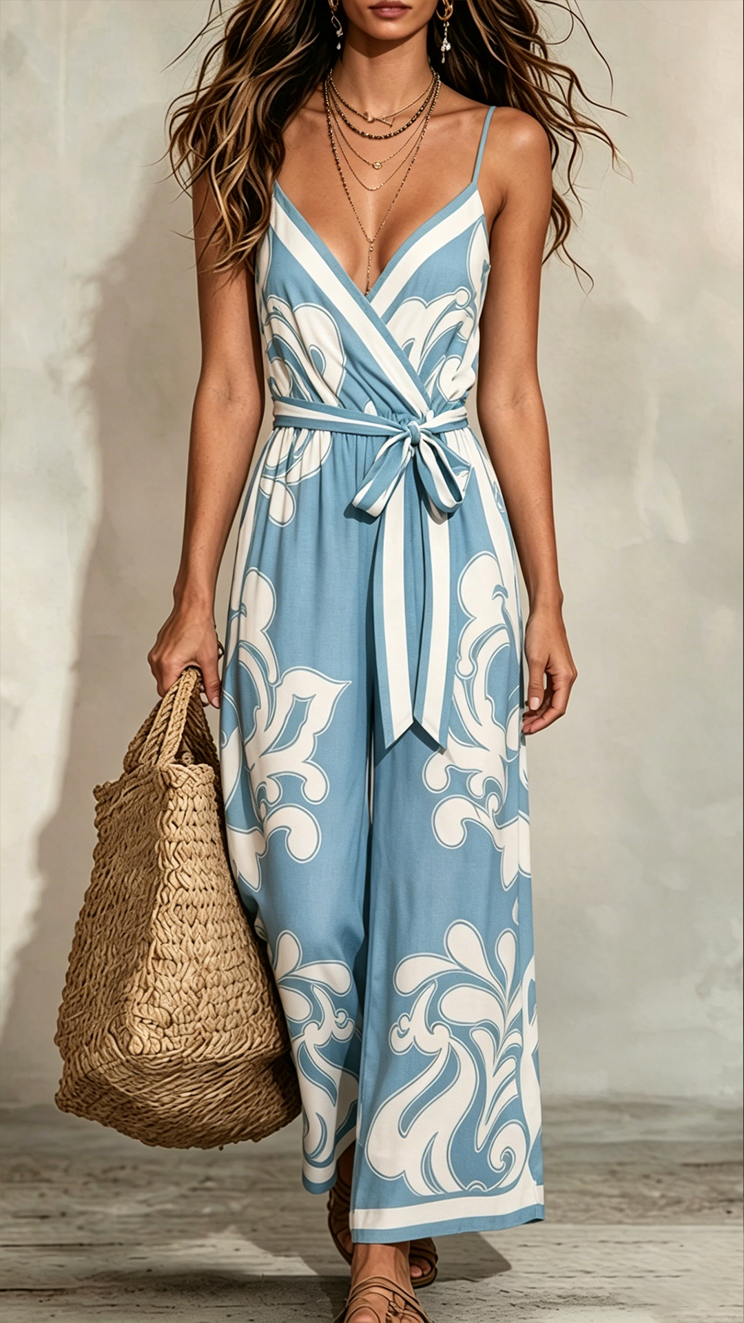 Women's Blue and White Floral Print V-Neck Suspender Wide-Leg Jumpsuit - Nordfashionstorm - Women's Clothing, Fashion for You - Nordfashionstorm.com