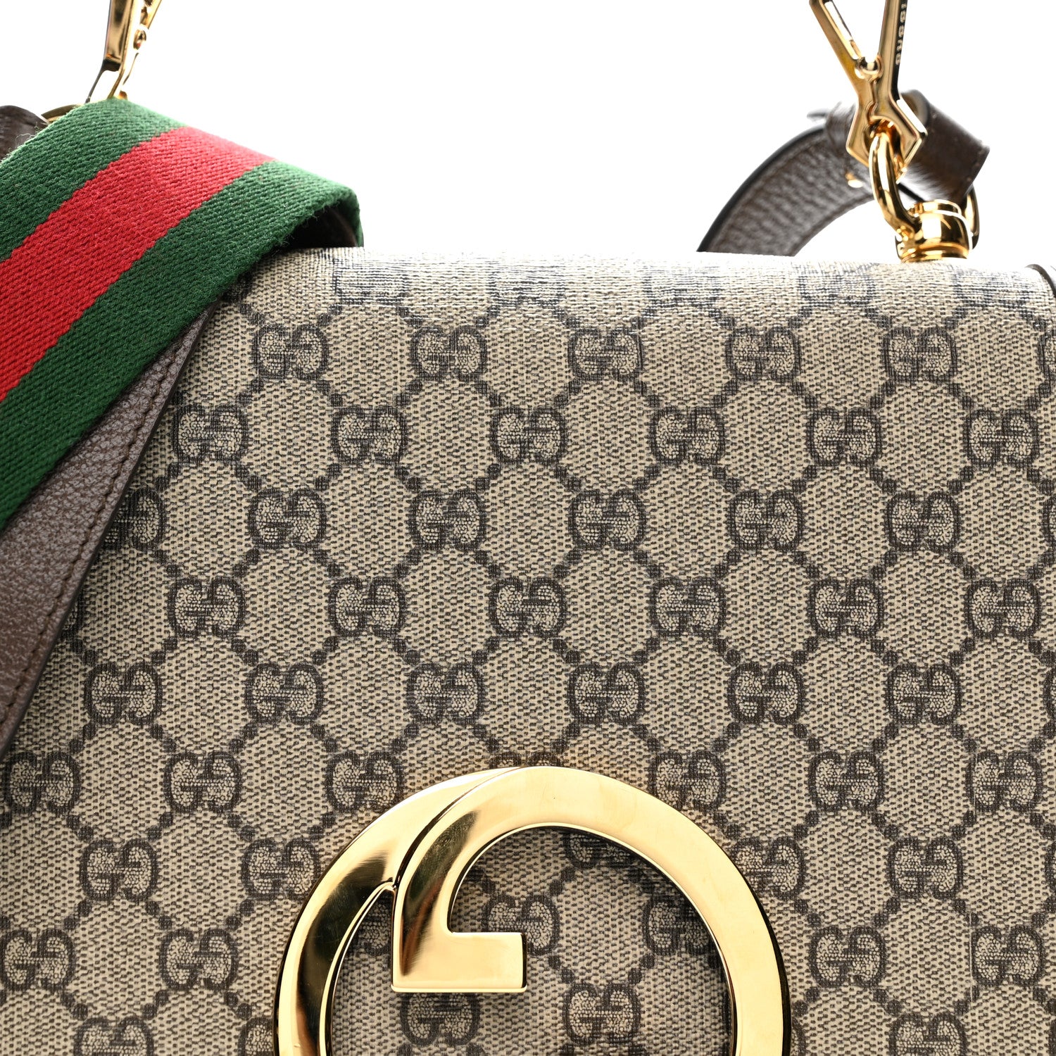 GG Supreme Monogram Textured Dollar Calfskin Web Medium Blondie Top Handle Shoulder Flap Bag Beige Ebony New Acero - Top Club