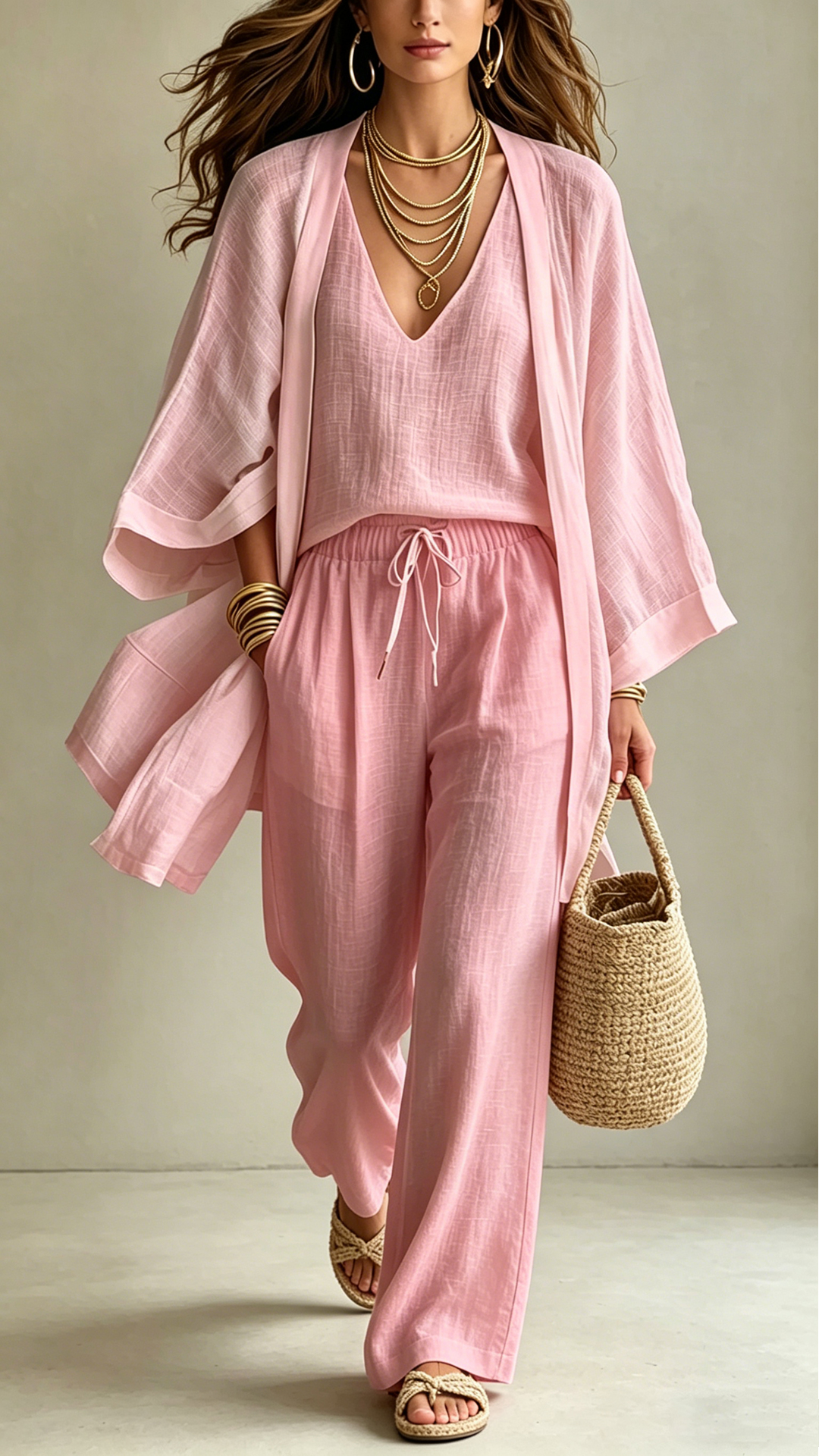 Women's  Linen-Blend Three-Piece Set(Kimono + Tank + Pants) - Nordfashionstorm - Women's Clothing, Fashion for You - Nordfashionstorm.com