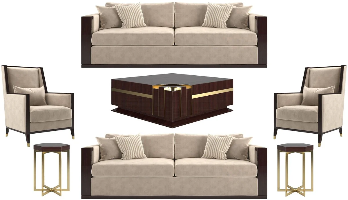 Luxury Art Deco living room set beige / dark brown high gloss / gold - 2 sofas & 2 armchairs & 1 coffee table & 2 side tables - noble living room furniture - luxury quality