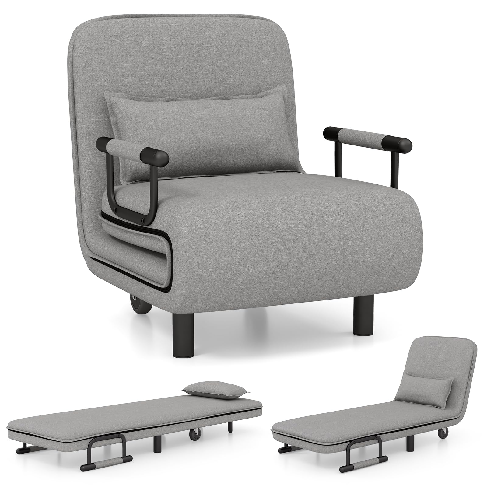 BEFOUNDLOVELY Convertible Chair Bed with 5-Position Adjustable Backrest & Lumbar Pillow, 2 Lockable Casters
