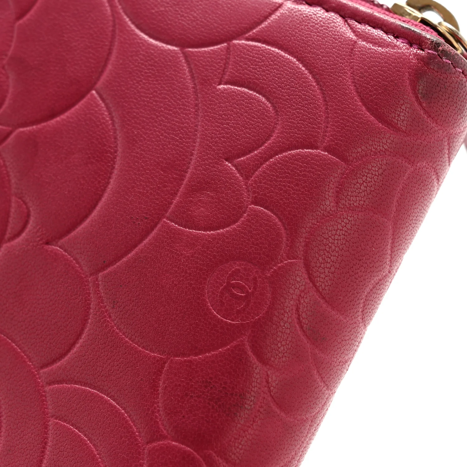 Lambskin Camellia Embossed Large Gusset Zip Around Wallet Fuchsia - Top Club