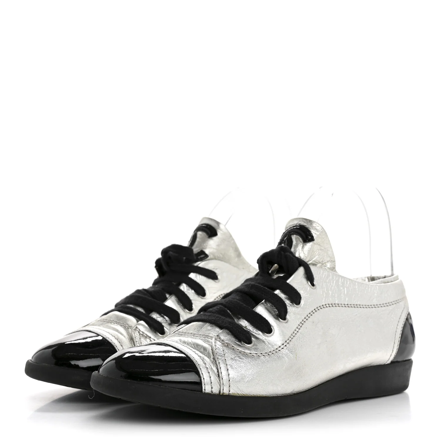 Metallic Lambskin Patent Cap Toe CC Sneakers 38.5 Silver Black - Top Club