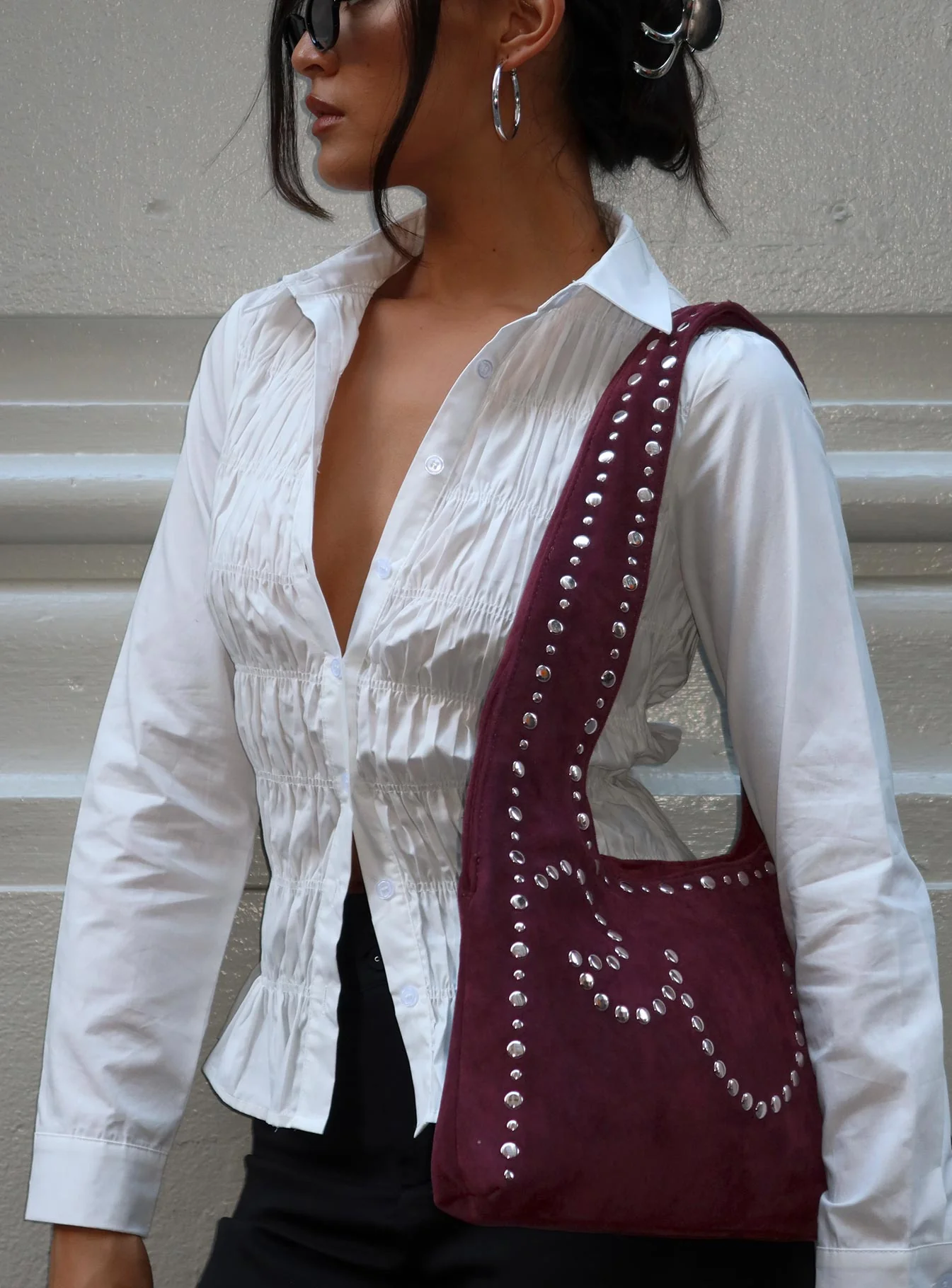 Lemoni Faux Suede Stud Bag Burgundy